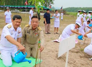 Vice Adm. Wipak Noyjinda helps plant one of the 1,600 Siamese Rosewood trees to honor HRH Princess Sirindhorn for her 60th birthday.